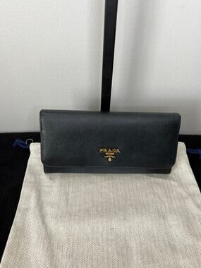 Prada Black Saffiano Leather Continental Flap Wallet Gold Logo Made Italy